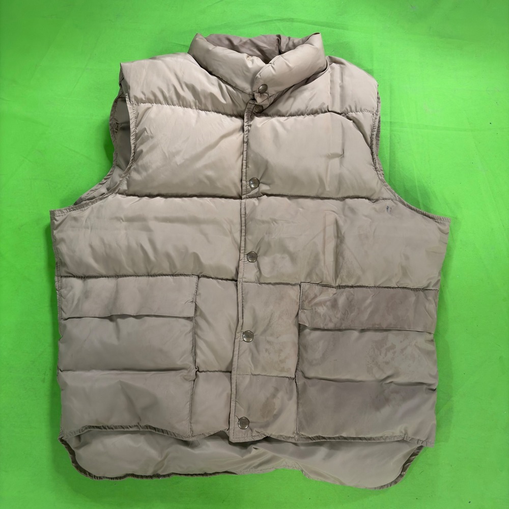 VTG 80s LL Bean Goose Down Puffer Vest Mens L Tan USA Made Snap Front Gorpcore